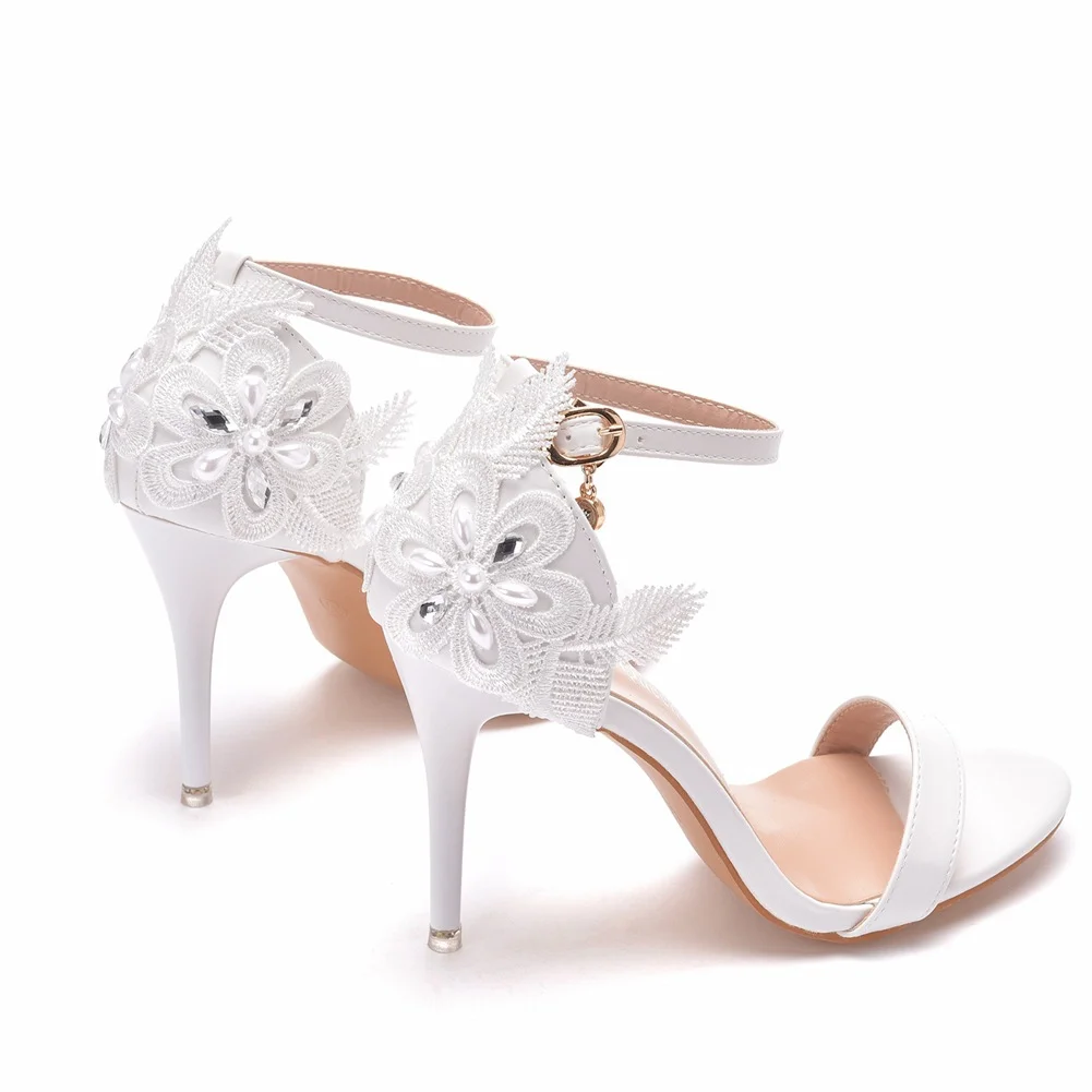Breakj Breakj Cm Light Mouth With White Sandals Fine Heel Exposed Toe Large-Size Sandals Beaded Flowers Wedding Banquet Shoes