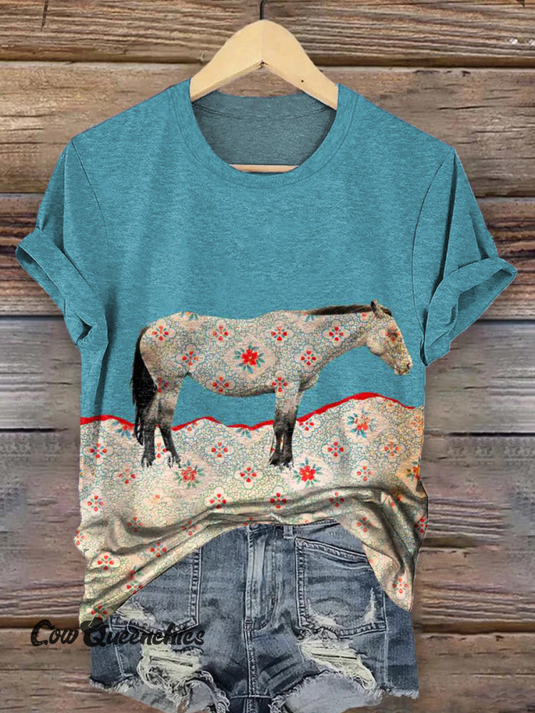 Classic Horse Art Print Casual T-Shirt Multicolor / S