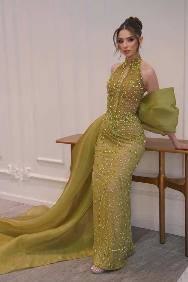 Miabel Stunning Green Beaded Halter Slim Sleeveless Prom Dress with Train   