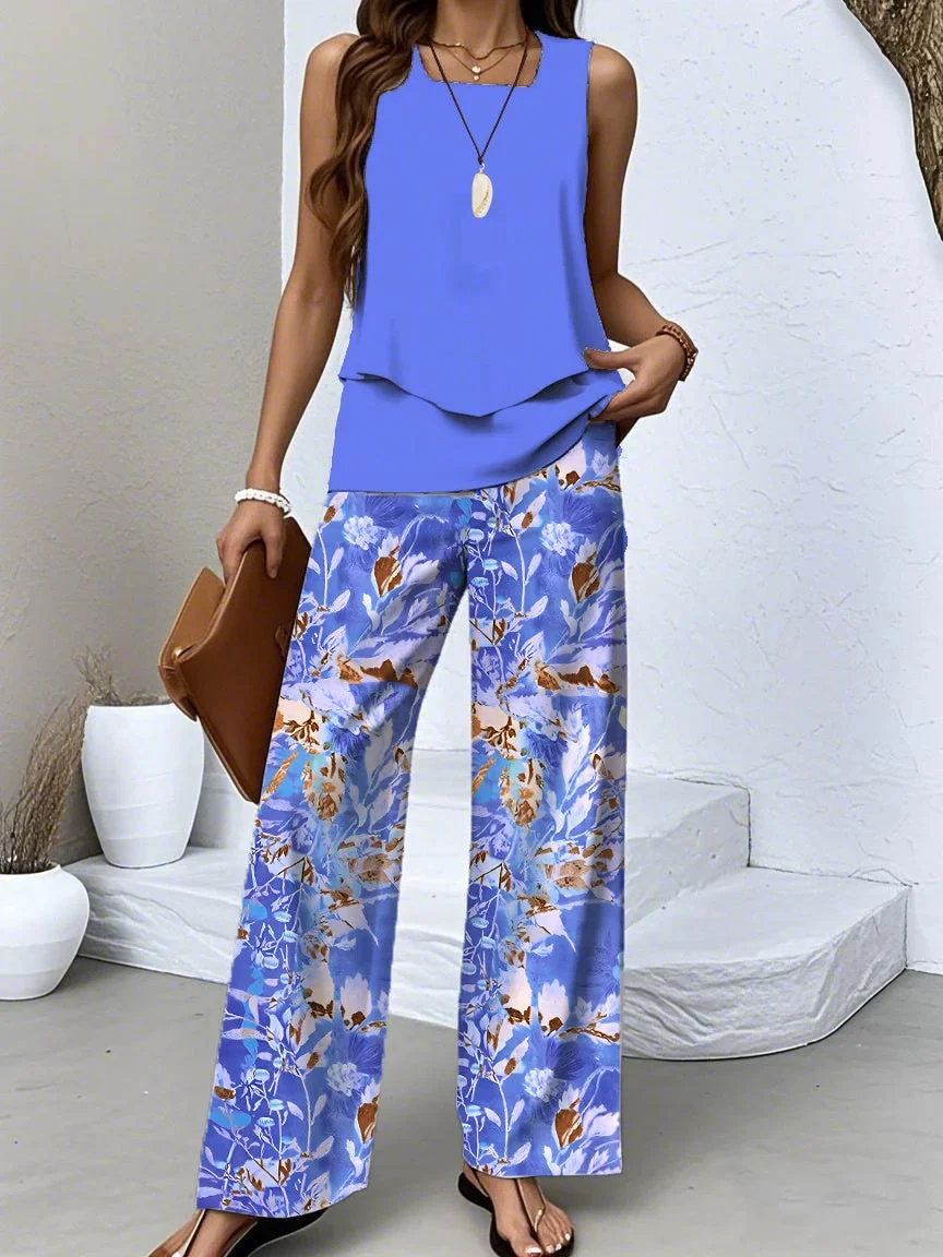 Women's Sleeveless Square Collar Graphic Printed Casual Set
