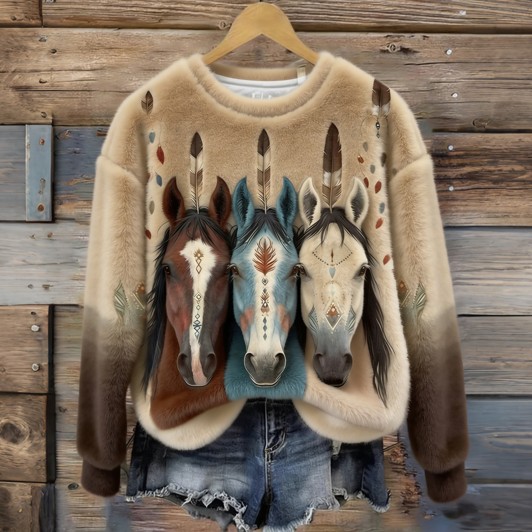 Women's Retro Western Style Pony Graphic Flannel Sweatshirt wearshes