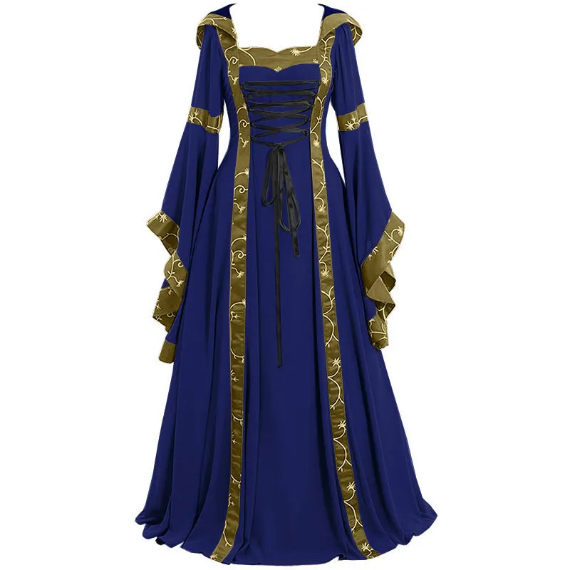 Brownm Vintage Swing Dress Square Collar Lace Waist Flared Sleeve Halloween Costume