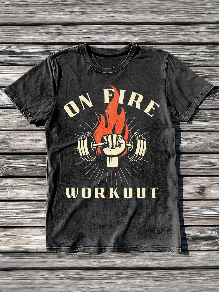 Men's On Fire Workout Graphic Print Cotton Washed T-Shirt