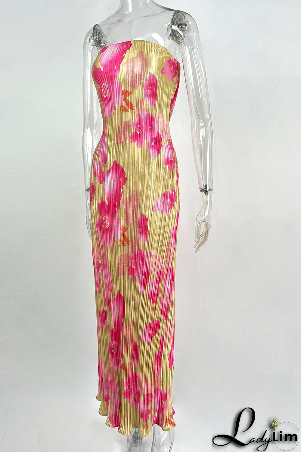 Tangerine Sexy Print Patchwork Fold Strapless Pencil Skirt Dresses