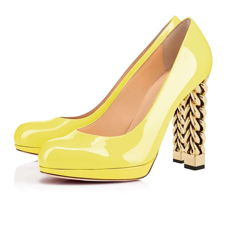 Yellow  Pointy Toe Platform Chunky  Heel Pumps |FSJ Shoes