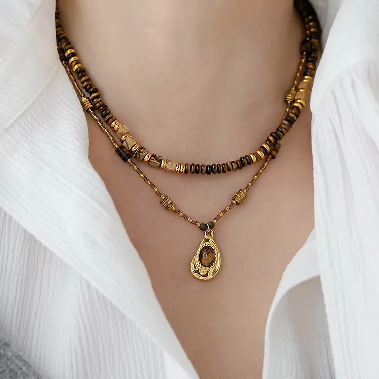 Tigers Eye Worry Stone Necklace | Beaded Clavicle 14K Chain Stacking Set