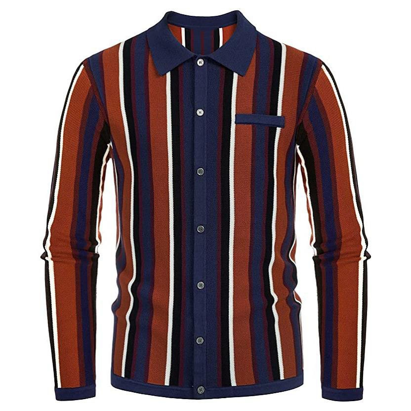 Men's Striped Jacquard Long Sleeve Polo Sweater
