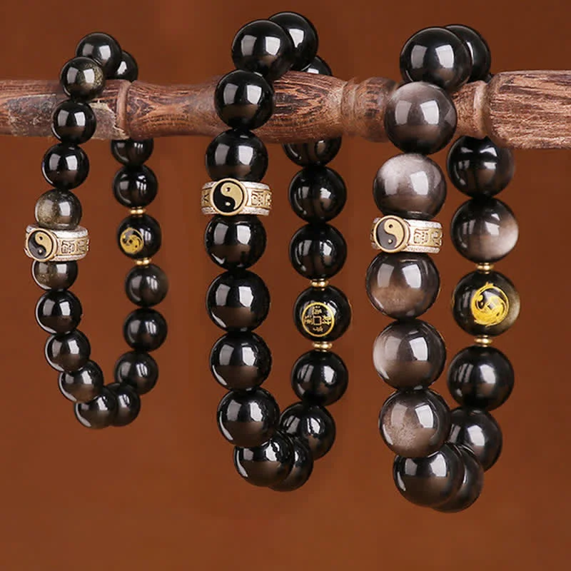 925 Sterling Silver Black Obsidian Gold Sheen Obsidian Silver Sheen Obsidian Yin Yang Protection Bracelet