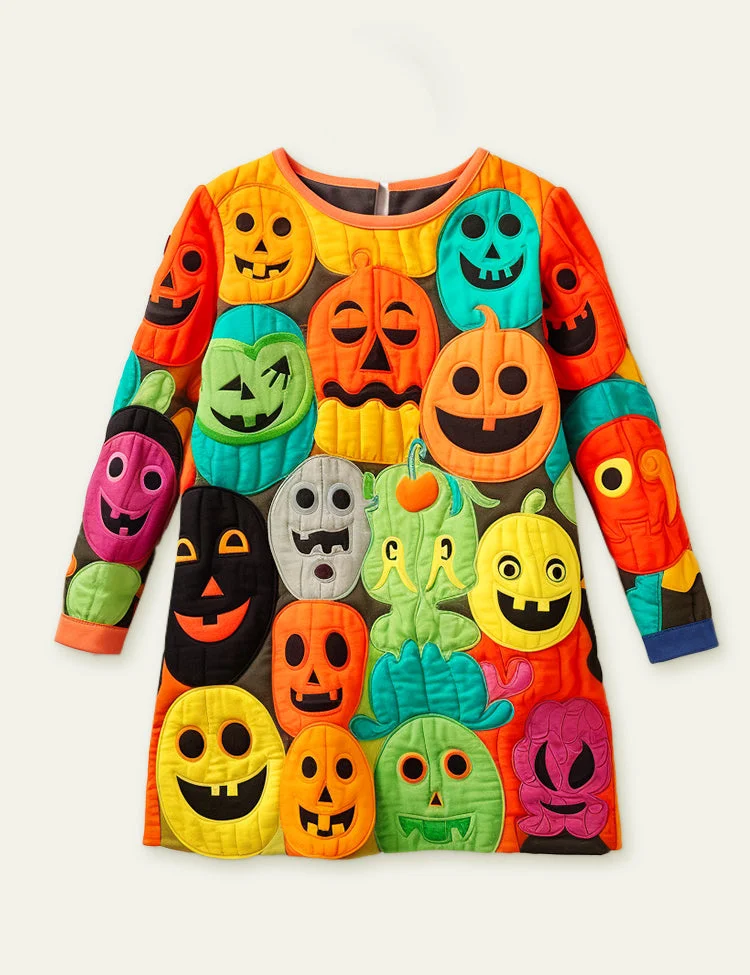 Toddler Kid Girl Halloween Pumpkin Face Long Sleeves Dress