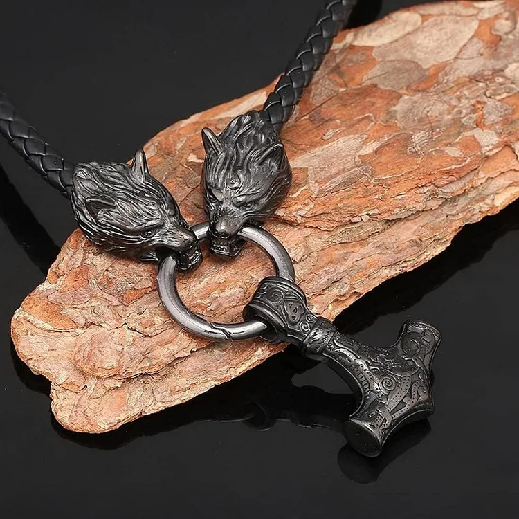 Coutureaura Viking Mjolnir Wolf Leather Rope Necklace