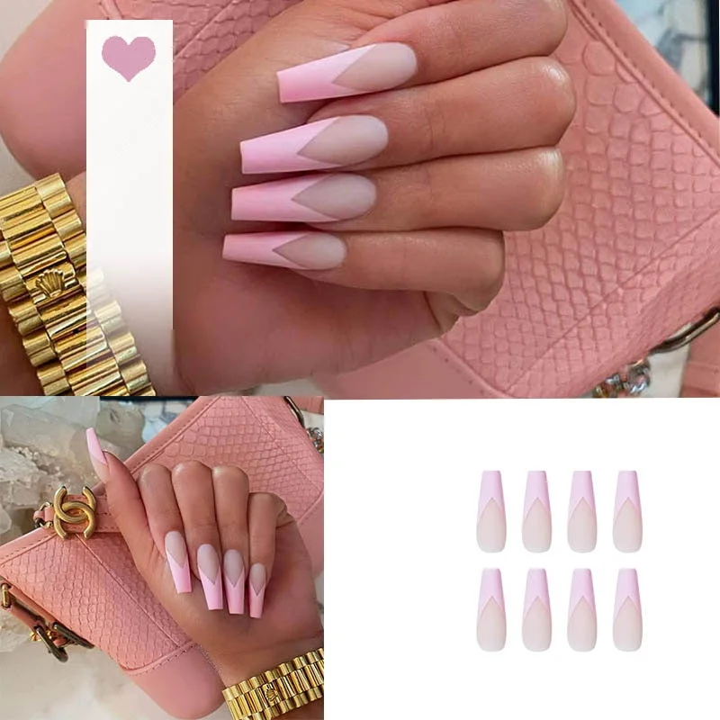 24PCS/box artificial nails with glue Milky white pink Gradients long Ballet Nail stick fake nail tips full cover acrylic-Nail Inspo