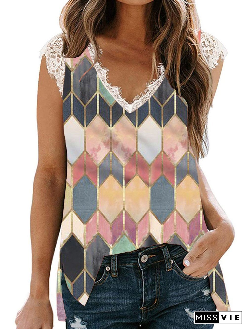 Women Sleeveless V-neck,Lace Colorblock Gradient Top