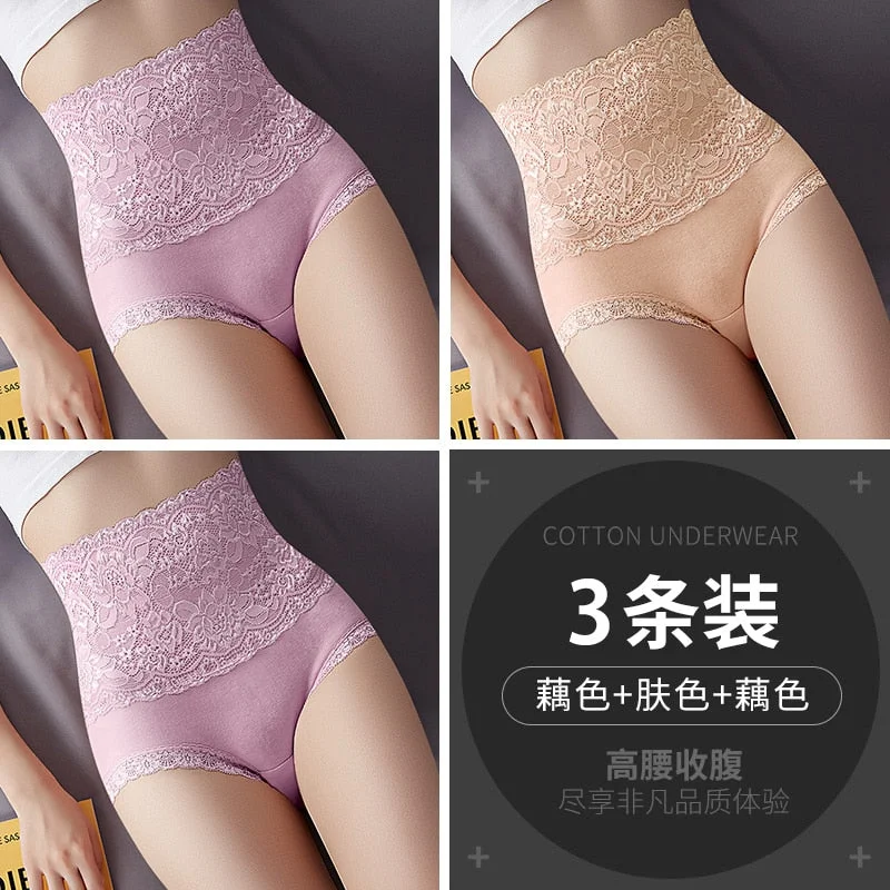 Women Lace Panties High Fit Cotton Panties High Waist Underwear Body Shaping Sexy Lingerie Slimming Tummy Control Pants 3Pcs