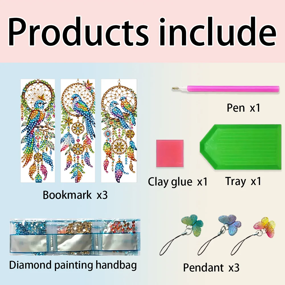 3Pcs Special Shape Dream Catcher Bird Diamond Painting Art Bookmark for Books
