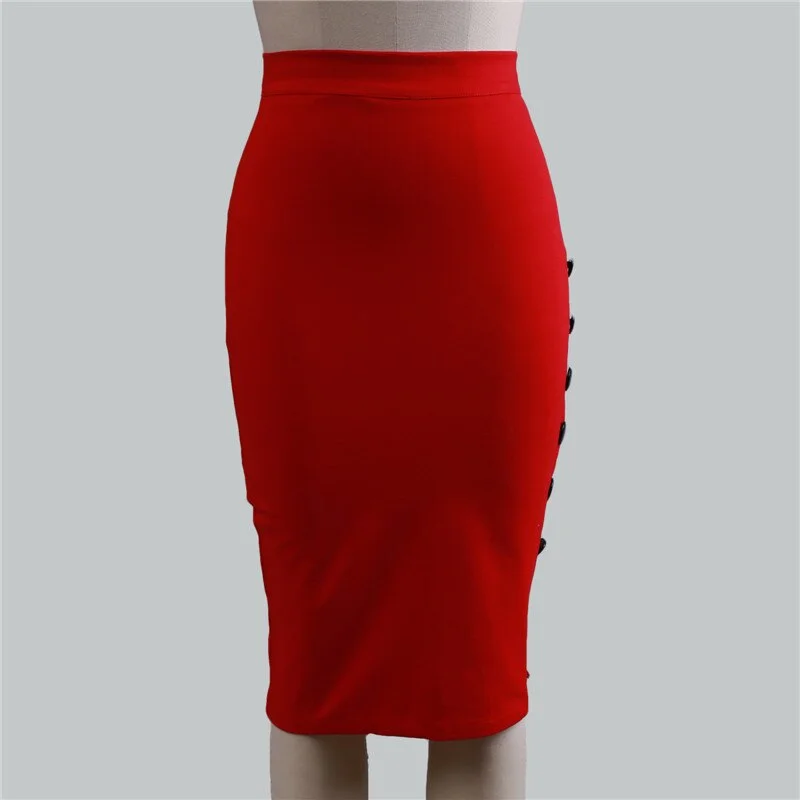 Spring Bodycon Skirts Women Stretchable Split Midi Slim Summer Women Placketing Lady Pencil Skirt Button
