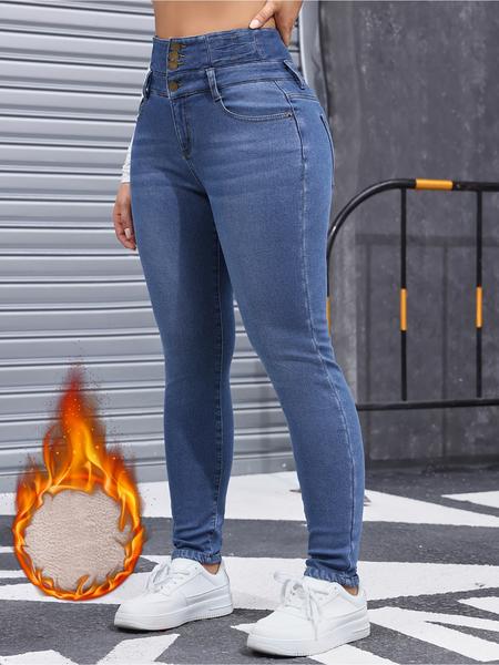 Women's High Elasticity Fleece Lined Thick Denim Jeans, Fall & Winter Fashion, Comfortable Slimming Jeans, Elegant Style Women's High Elasticity Fleece Lined Thick Denim Jeans, Fall & Winter Fashion, Comfortable Slimming Jeans, Elegant Style