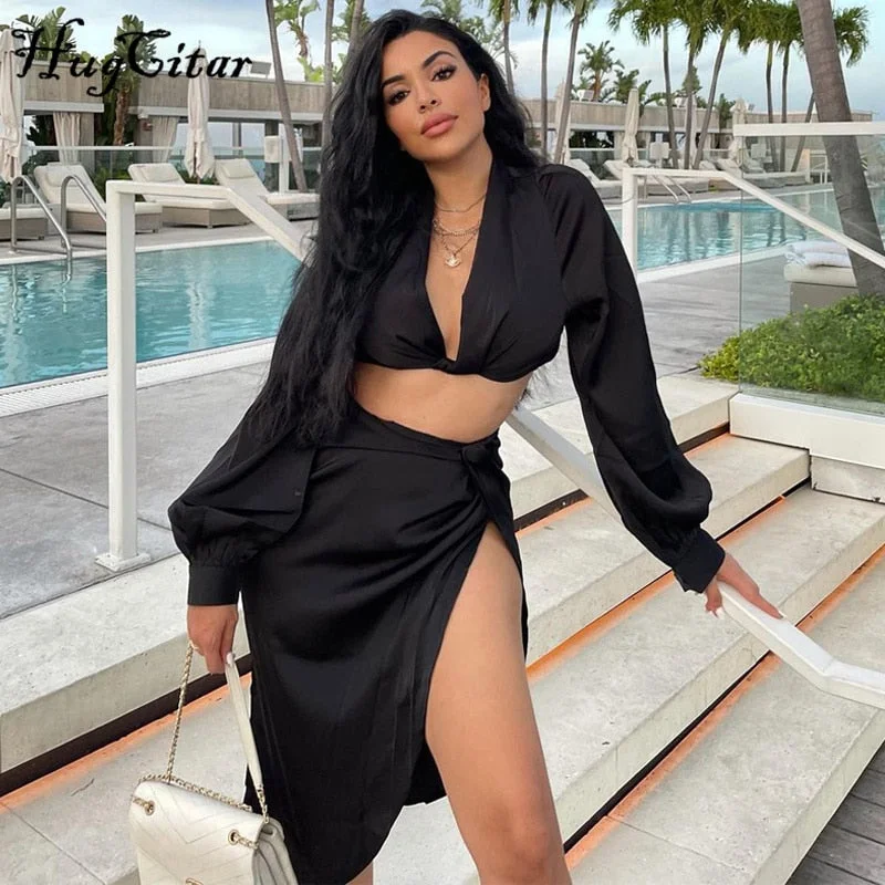 Hugcitar Solid Satin Women Long Sleeve Bandage Cut Out Crop Top Midi Dress 2 Piece Set 2021 Autumn Y2K Streetwear Outfit Fashion