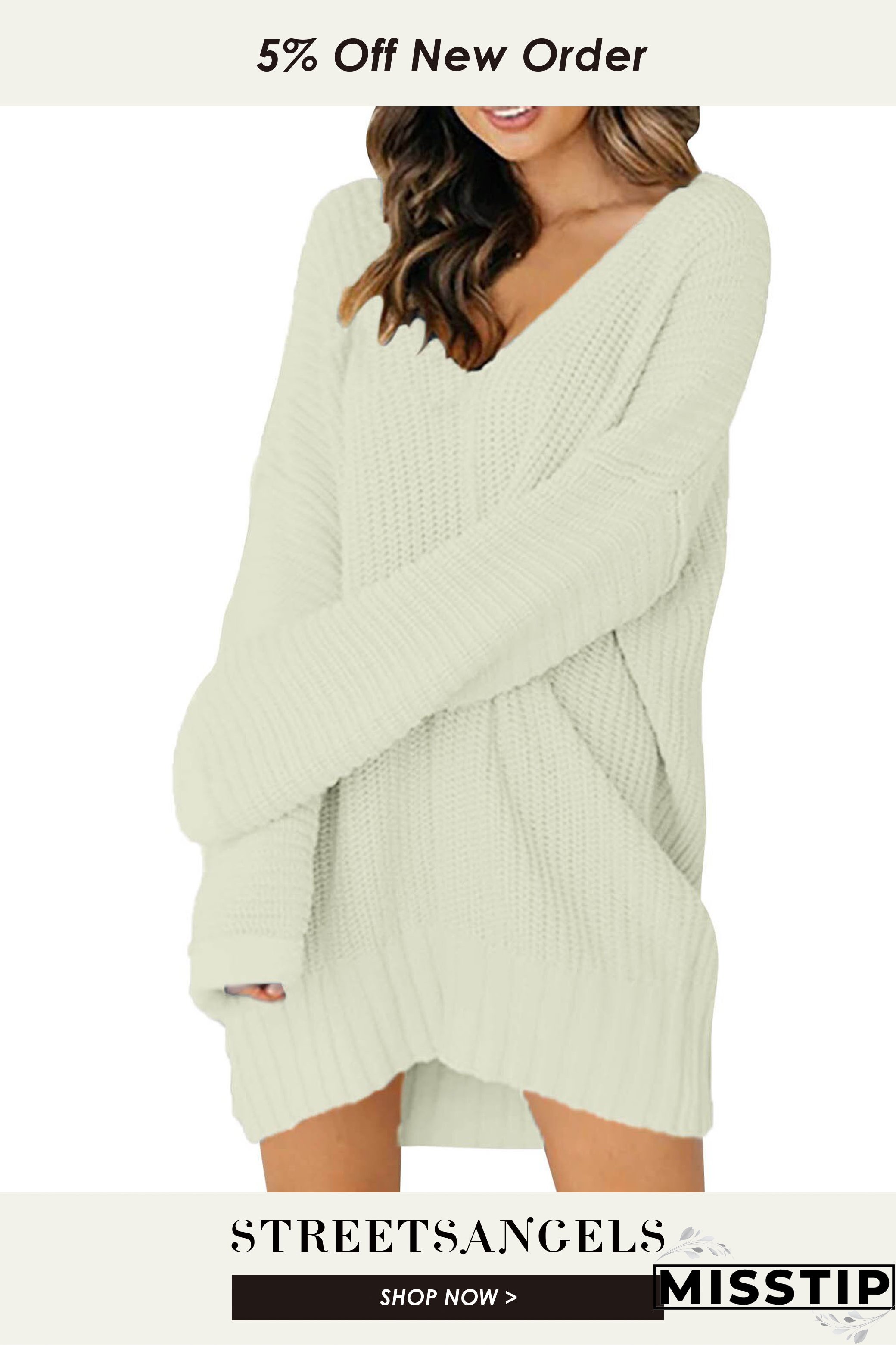 Fashion Loose V Neck Casual Solid Knit Sweater