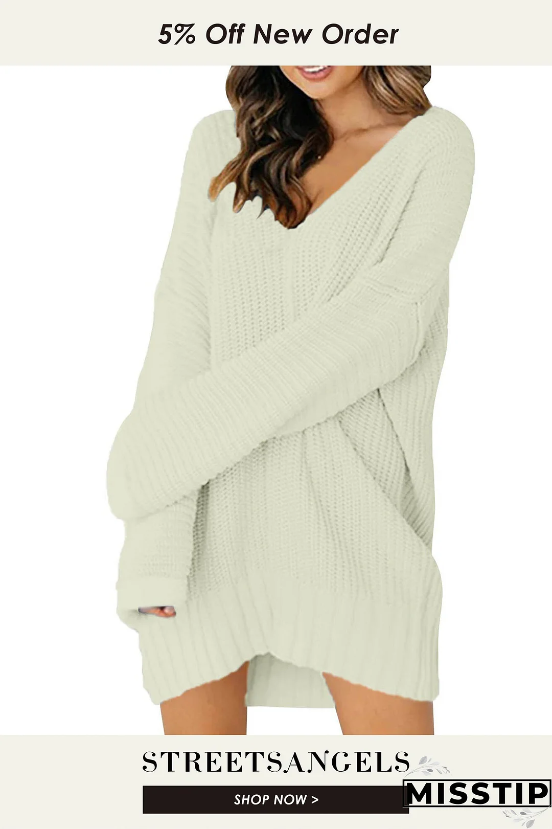 Fashion Loose V Neck Casual Solid Knit Sweater
