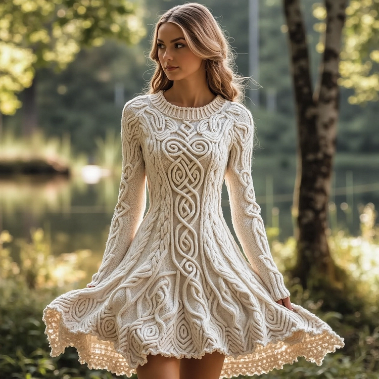 Utbros Women's Viking Tree Of Life Celtic Knot Art Long Sleeve Sweater Dress
