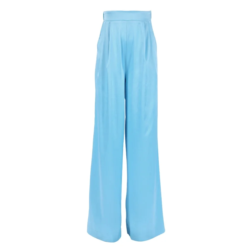 OOTN Blue High Waist Zipper Satin Trousers Ladies Solid Color Pleated Oversize Casual Summer Long Wide Leg Pant For Women Loose