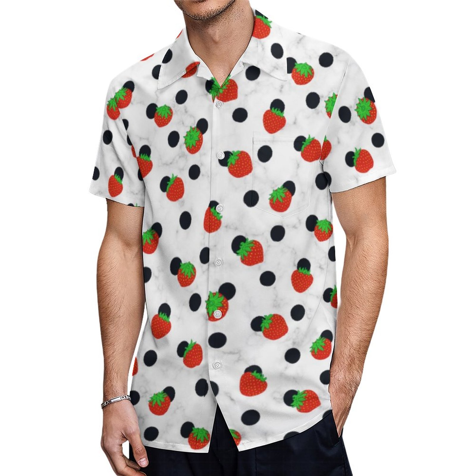 Marble Strawberry Black Polka Dots Hawaiian Shirt Mens Button Down Plus Size Tropical Hawaii Beach Shirts
