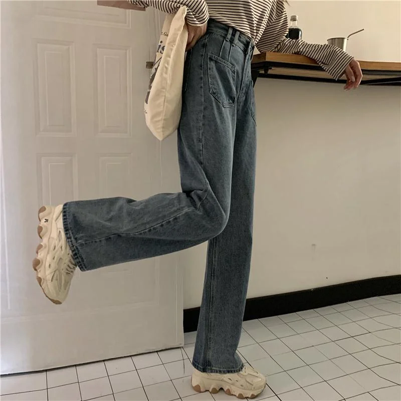 Jeans Women Retro High Waist Casual Wide Leg Pockets Students Preppy Style Womens Full-length Vintage Loose Daily Street Basic