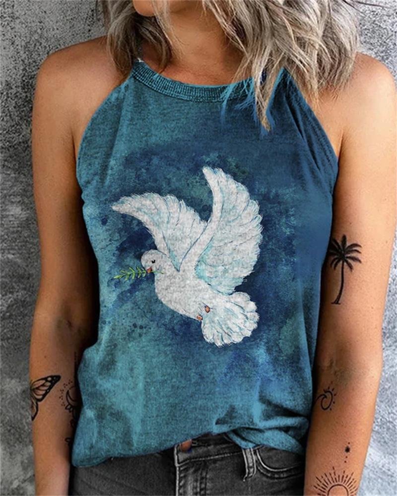 Vintage Print Halter Neck Sleeveless Tank Top