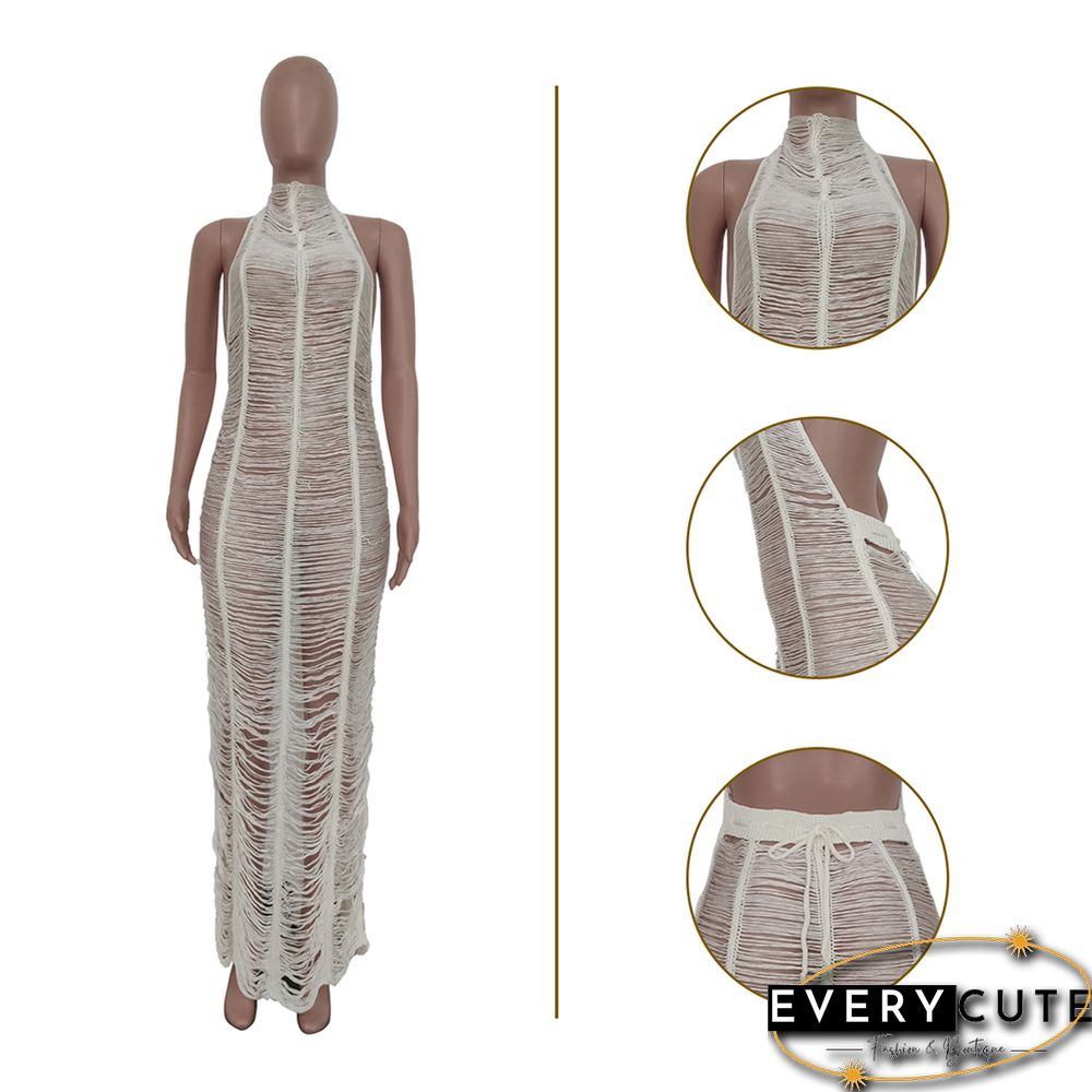 White Hollow Out Halter Backless Beach Maxi Skirt