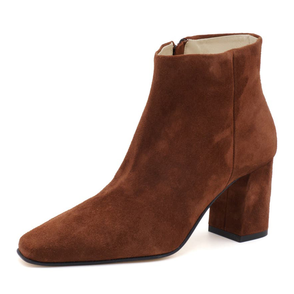 Brown Vegan Suede Square Toe Block Heeled Ankle Boots with Side Zipper Nicepairs