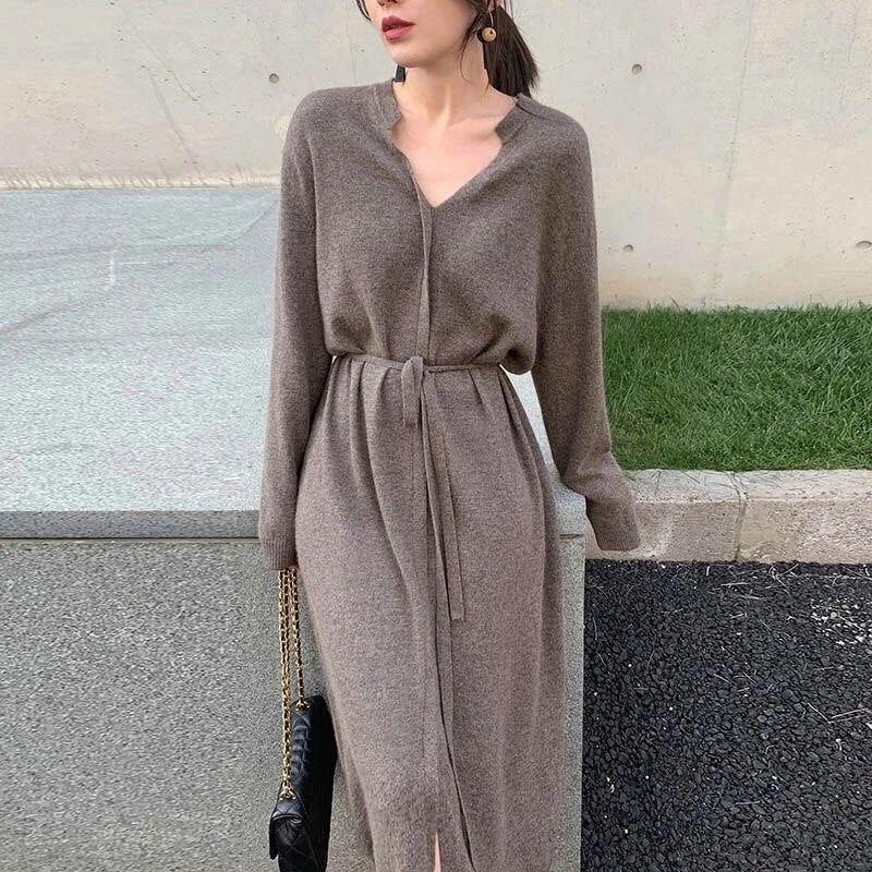 Aachoae Women Elegant Solid Midi Dress With Belt 2021 V Neck Korean Chic Dresses Long Sleeve Casual Knitted Sweater Dress Robe