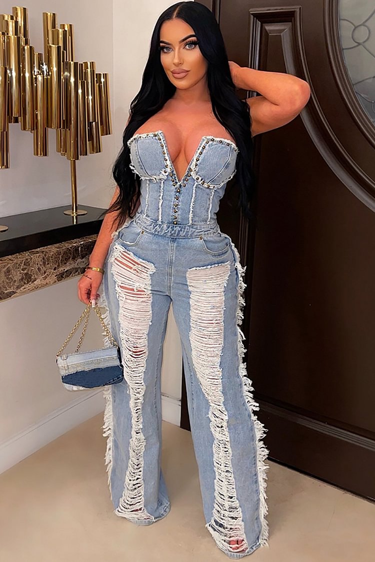 V Neck Raw Edge Scratch Hollow Out Strapless Denim Jumpsuit