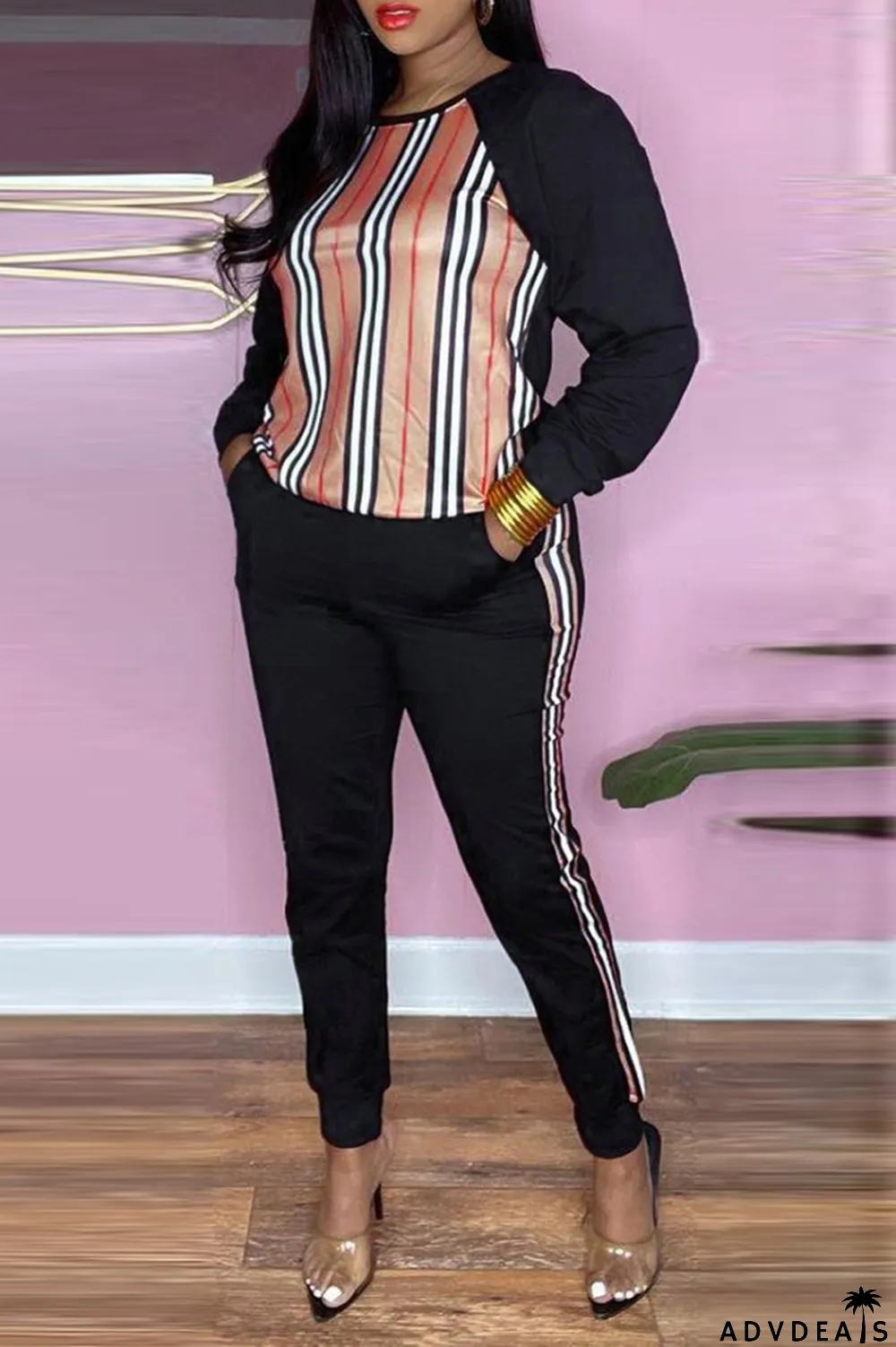 Winter Wholesale Womens Stripes Patch Black Long Sleeve Top And Pants Wholesale Womens 2 Piece Sets