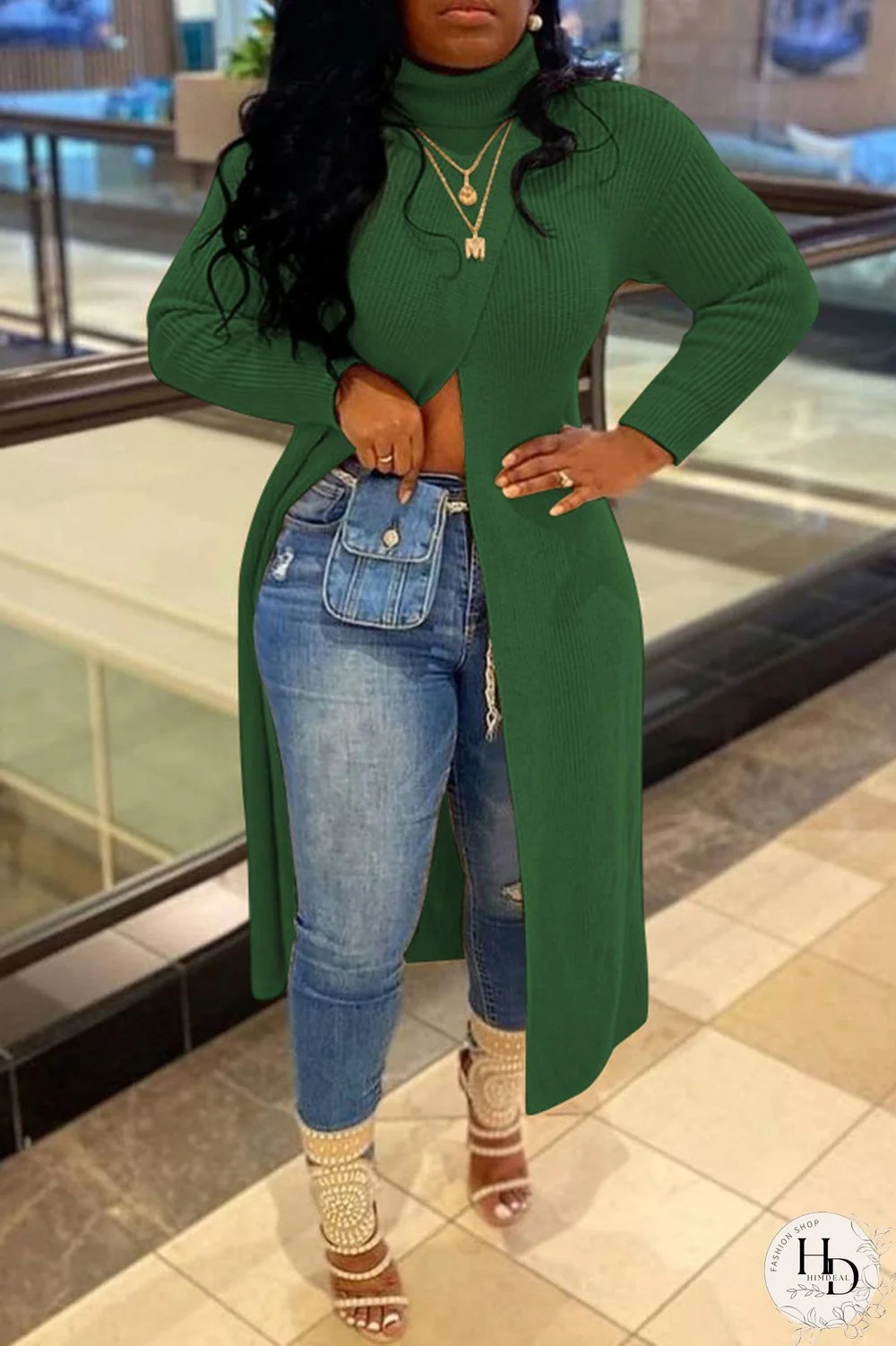 Green Casual Solid Patchwork Slit O Neck Tops