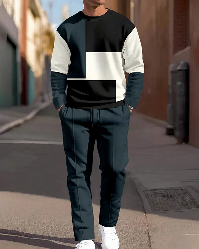 Men's Simple Colorblock Round Neck Casual Sports Set 065