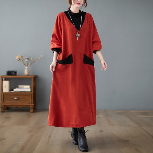 Literary Splicing Knit High Collar Midi Dress