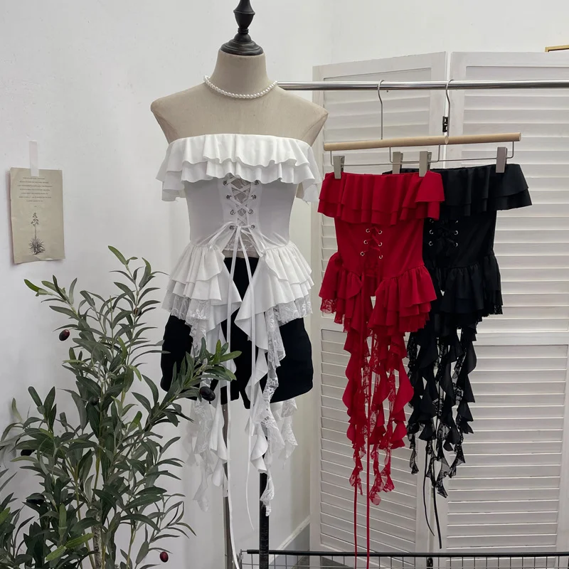 Nigikala Nigikala Shooting Hottie Belt Lotus Side Splicing Lace Bra Vest Word Shoulder Ribbon Short Coat 8013