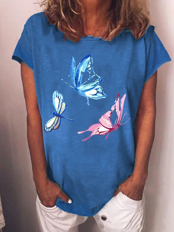 Butterfly Print Comfortable Loose Ladies Short Sleeves