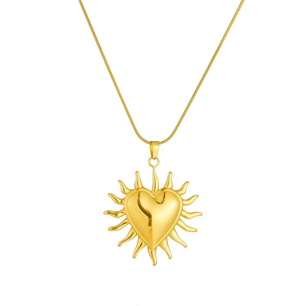 Fashionable Glossy Gold-Plated Stainless Steel Sun Heart Pendant Personality Necklace