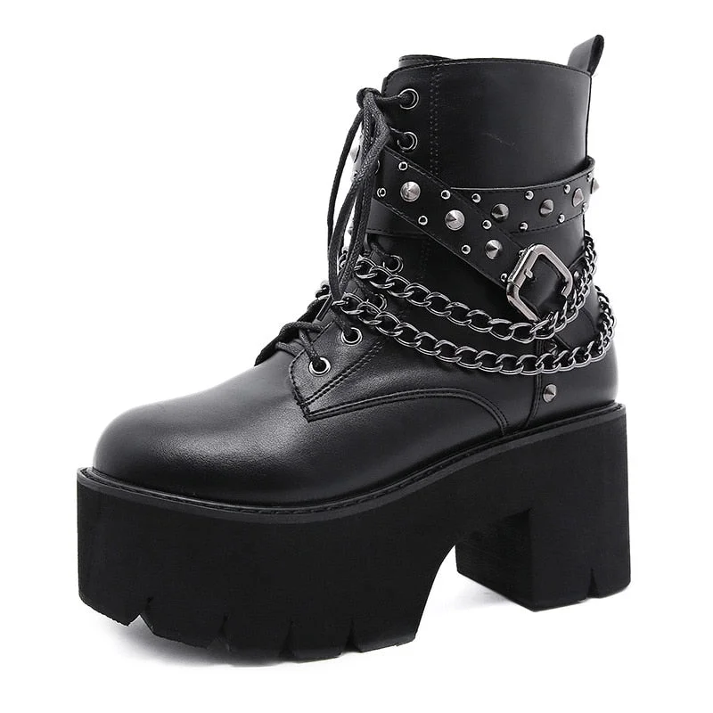 Gdgydh 2022 Gothic Black Ankle Boots For Women Plus High Heel Female Shoes Lace-Up Nigh Club Black Sexy Rivets Chain Short Boots