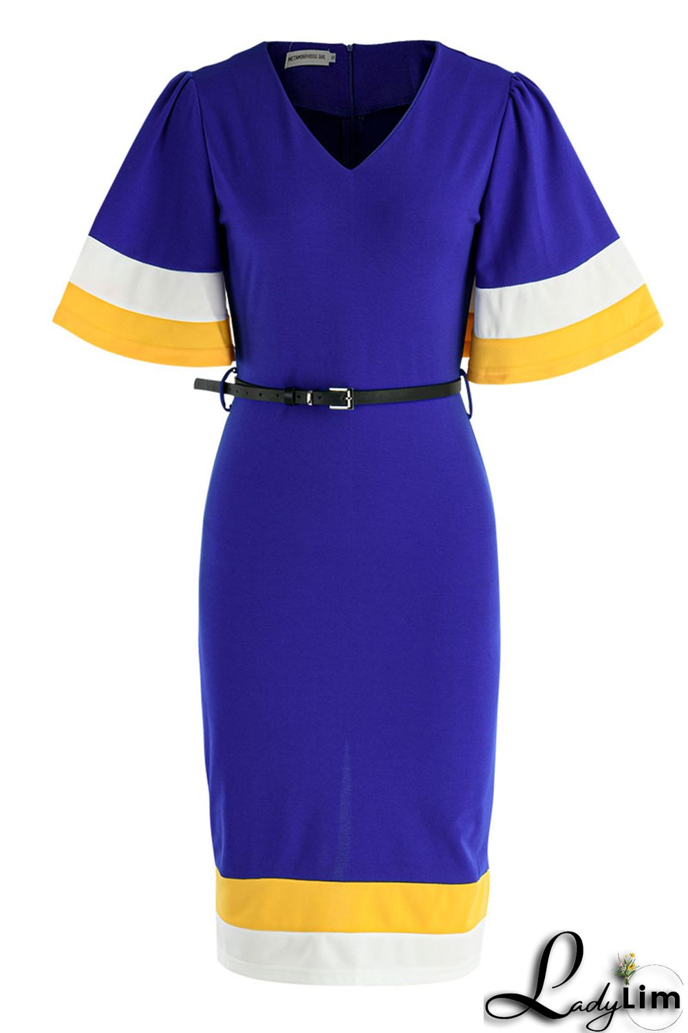 Blue Casual Elegant Patchwork V Neck One Step Skirt Dresses