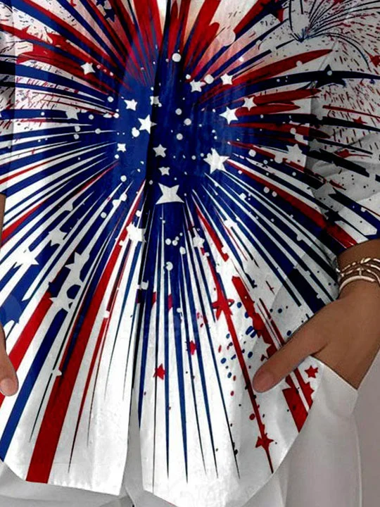 Women 3/4 Sleeve Shirt Collar National Flag Striped Printed Graphic Button Tops