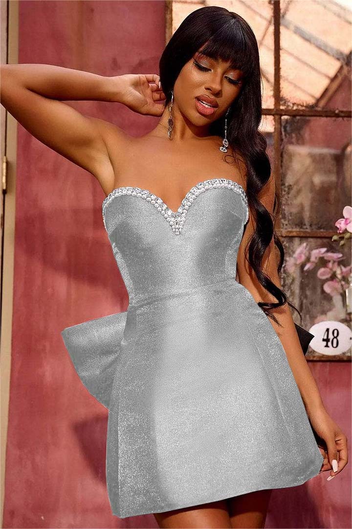 Miabel Classy Black Bedaed Sweetheart A-Line Bow Tie Back Short