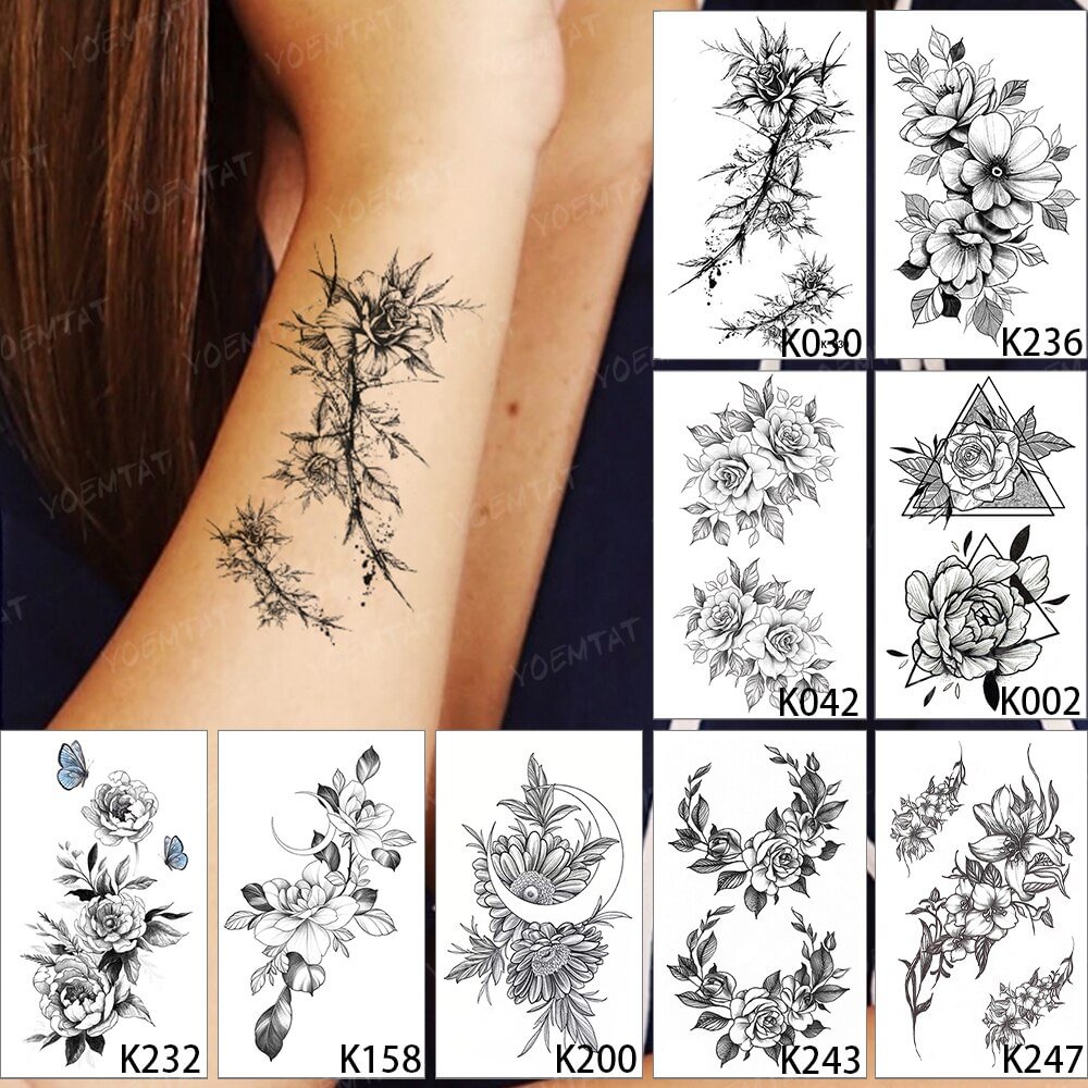 Gingf Sexy Flower Transferable Waterproof Temporary Tattoo Sticker Rose Peony Butterfly Henna Body Art Line Fake Tatto Woman