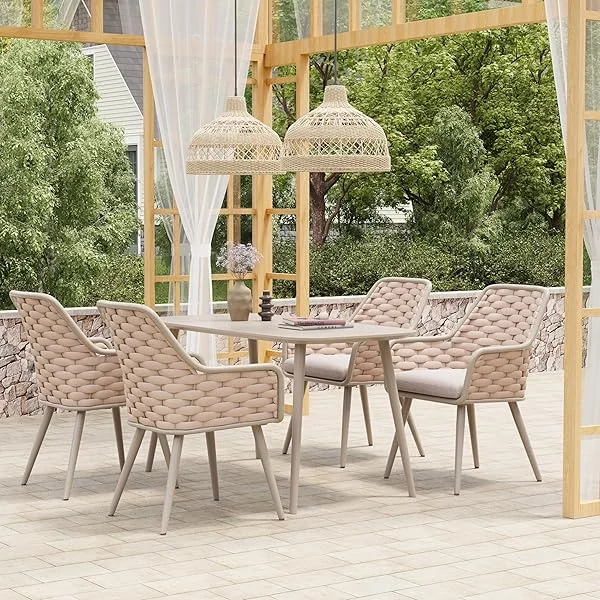 Outdoor Dining Chairs Set of 4, Metal Outdoor Patio Dining Chairs with Weather-Resistant Cushions, Woven Rope Chairs Outdoor with Armrest Light Grey Outdoor Furniture Chairs for Backyard Light Gray 4 pcs