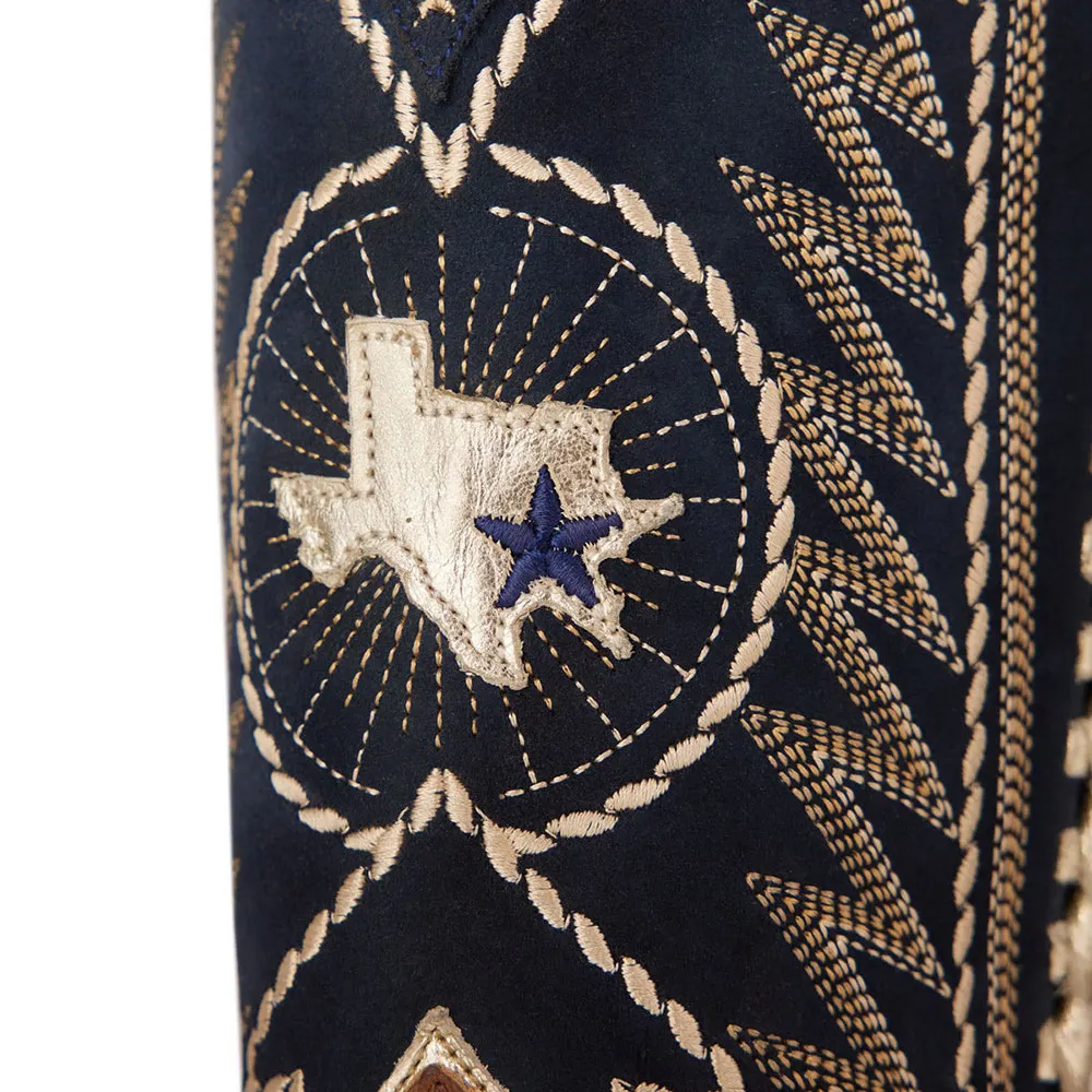 Brown & Navy Stars Chunky Heel Embroidered Western Boots for Women