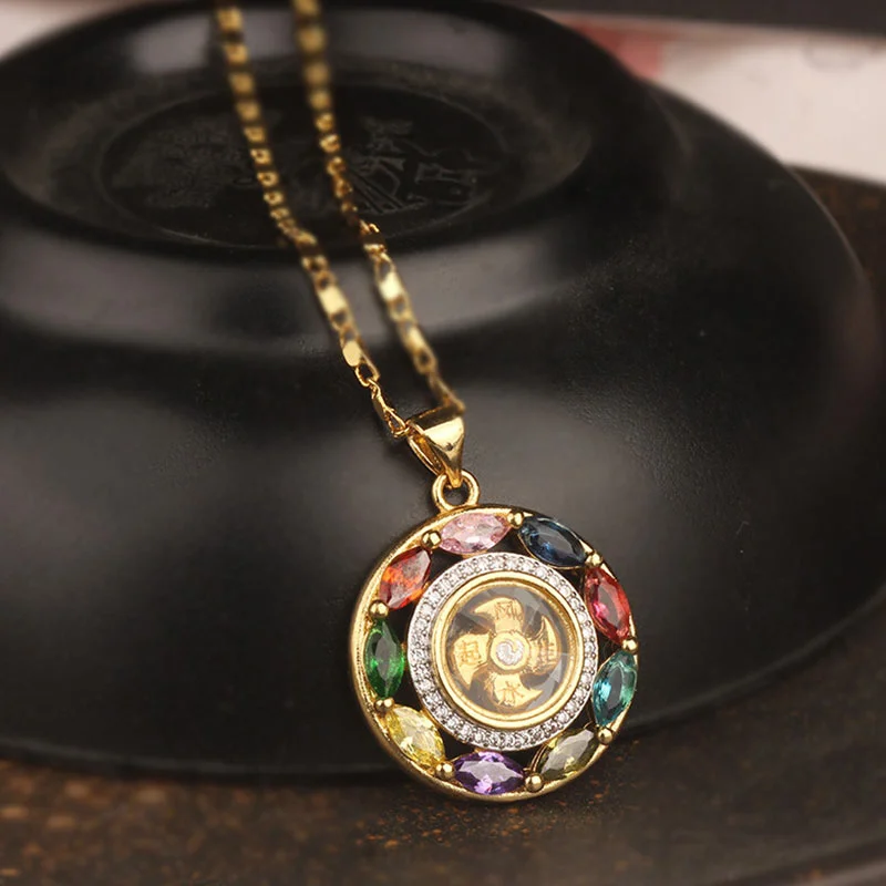 Colorful Zircon Copper Wealth Luck Rotation Bracelet Pendant Necklace
