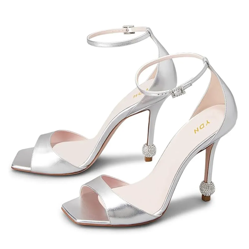 Silver Open Square Toe Rhinestone Ankle Strap High Heels Sandals