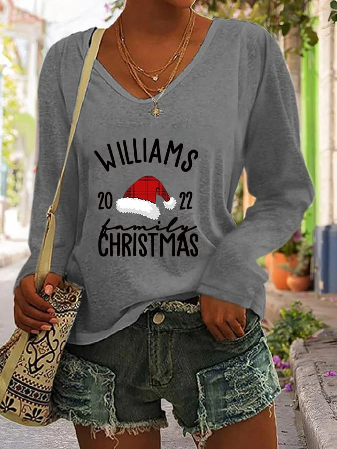 Women's Christmas 'WILLIAMS CHRISTMAS2023' Printed V-Neck Long Sleeve T-Shirt