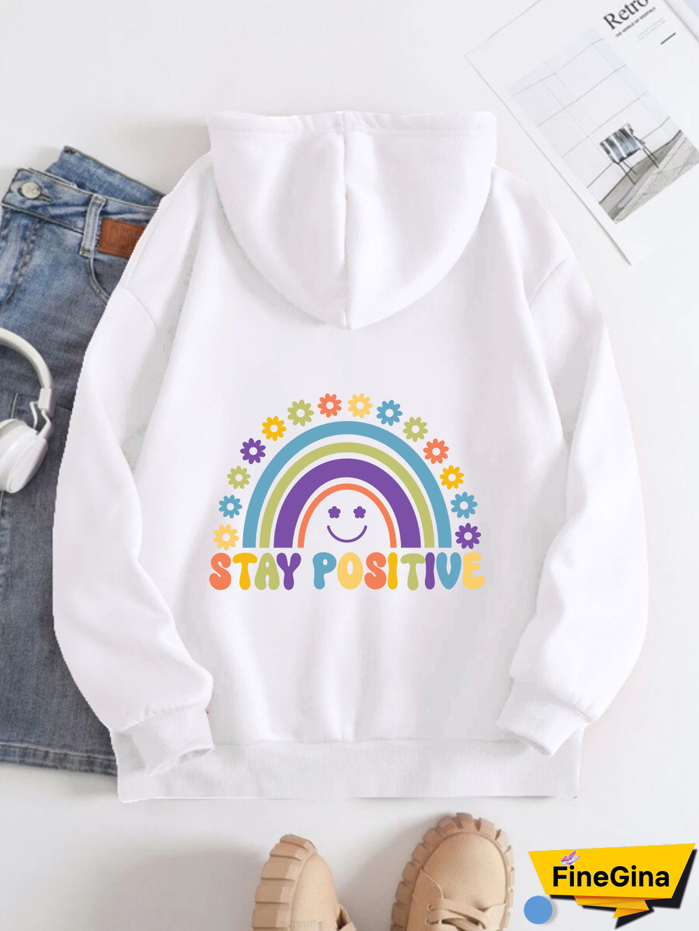 Printed on the Back Kangaroo Pocket Hoodie Long Sleeve for Women Pattern stay positive